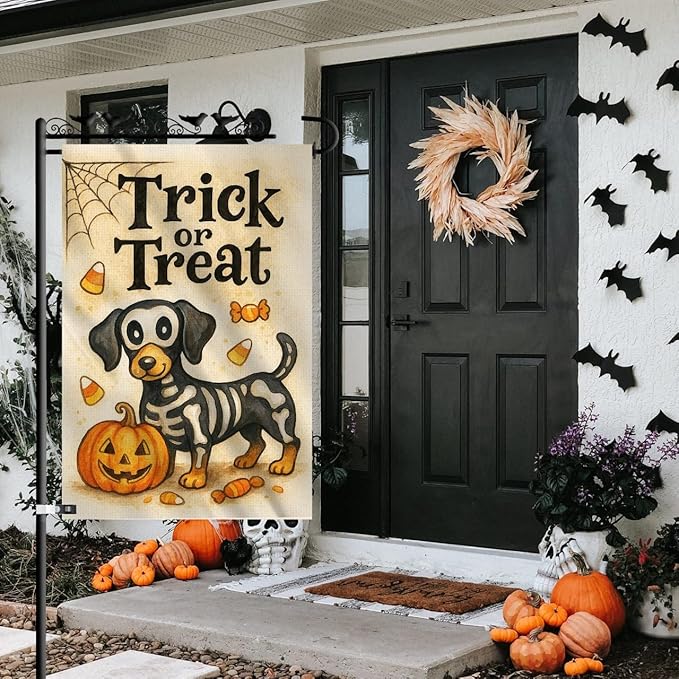 Skeleton Dachshund Dog Halloween Garden Flag – Trick or Treat Pumpkin Yard Flag 12x18, Double Sided Burlap Outdoor Decoration