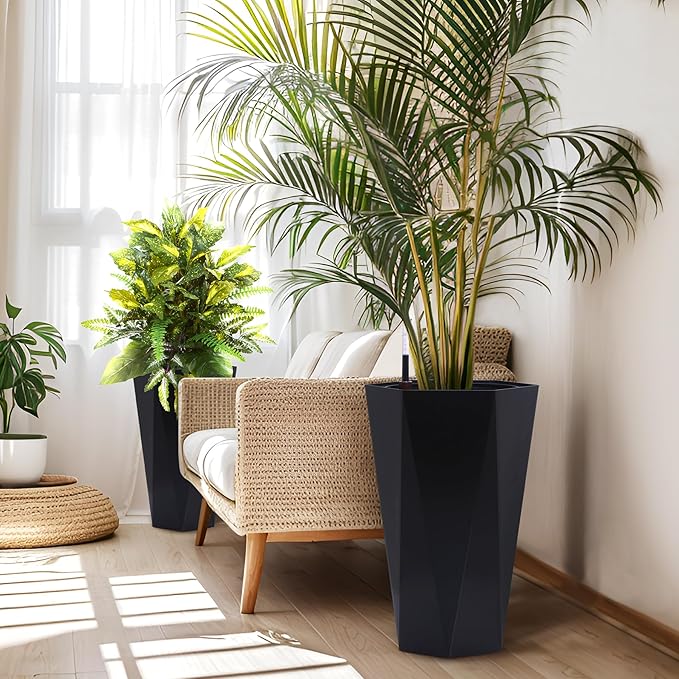 23 Inch Tall Outdoor Planters Set of 2, Self Watering Pots for Indoor Plants with Water Level Monitor & Drainage Hole & Wheels, Large Planter Pots for Garden, Patio, Balcony, Lounge, White