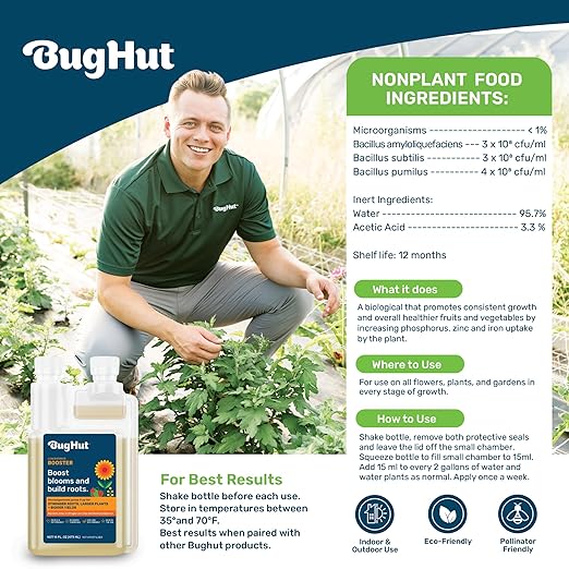 Booster Liquid Plant Food - Formula for Strong Roots, Vibrant Blooms, and Healthy Growth - Ideal for Indoor & Outdoor Gardening - People, Pets & Pollinator Friendly - 16 fl oz, Makes 63 Gallons