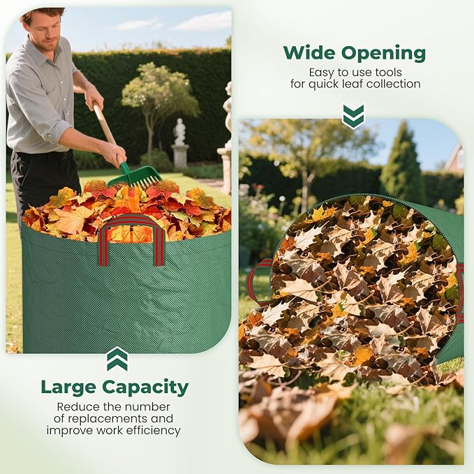 EsLuker.ly 4 Pack Garden Lawn Leaf Waste Bags, 132 Gallons Reusable Yard Litter Bag with 2 Pairs Gardening Gloves, Heavy Duty Trash Containers with Handles for Outdoor Cleanup, Ideal for Homeowners