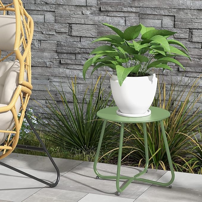 Bean Green Patio Side Table, 18" Weatherproof Steel Outdoor Indoor Side Table for Garden, Balcony, Pool & Tailgate, Rust-Resistant Lightweight Portable Patio End Table