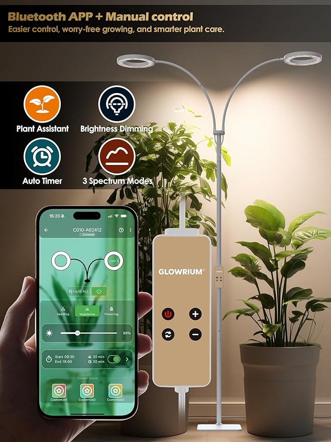 GLOWRIUM Smart Grow Lights for Indoor Plants with Auto Timer,Full Spectrum LED Floor Plant Light for 3 Spectrum Modes,6 Dimmable Levels,63inch Adjustable Height for Large Plants (White, 40W)