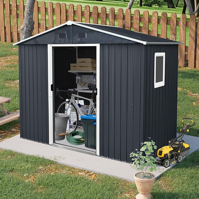 Outdoor Storage Shed, 8x4ft Metal Storage Shed with Window and Metal Foundation, Lockable Sliding Door, All Weather Tilted Roof Tool Shed with Vents, for Backyard, Patio, Lawn