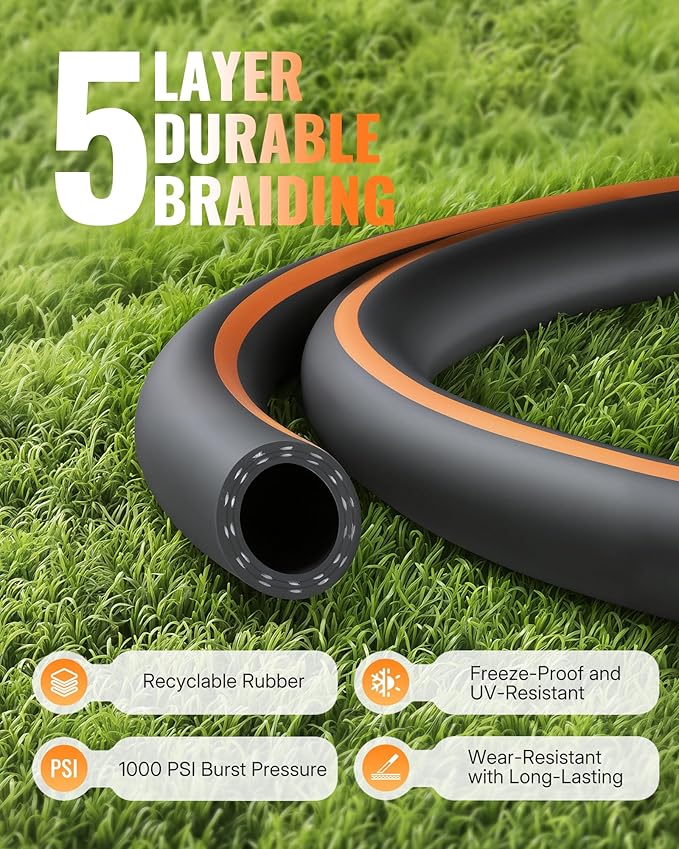 50FT x 5/8" Rubber Garden Hose, Heavy Duty Rubber Garden Water Hose, 300 PSI Working, 1000 PSI Burst, Swivel Handle with Stainless Steel Ring, 5-Layer Braided, All-Weather Outdoor Use