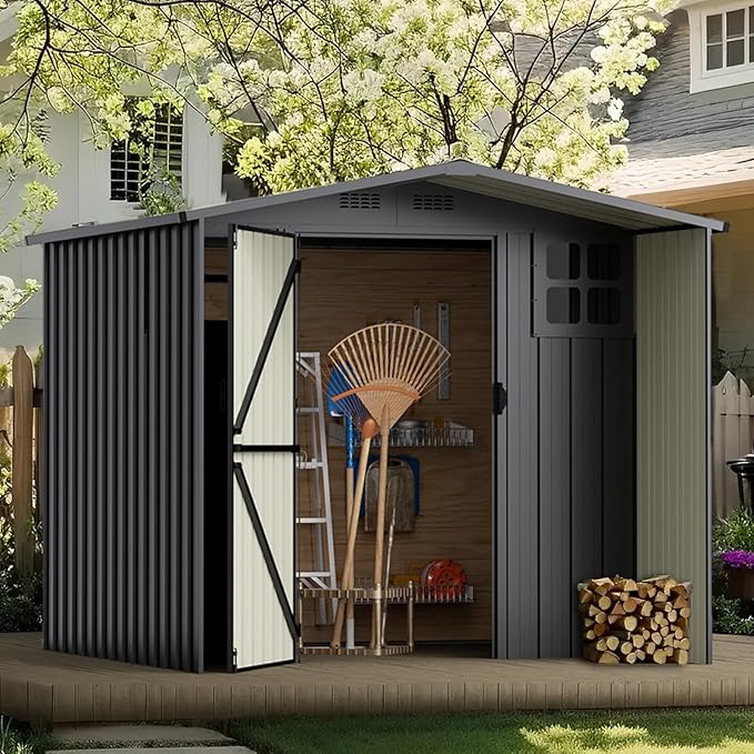Modern 6×6 FT Metal Outdoor Storage Shed with Windows, Stylish Lockable Waterproof Garden Tool Shed, Contemporary Storage Shed for Lawn Mower & Backyard Patio, Dark Gray (No Floor)