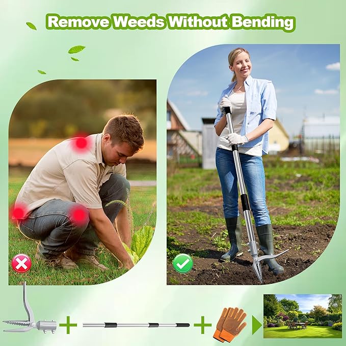 Weed Puller Tool with Gloves, Long Handle Stand Up Weed Tool, Heavy Duty Weeder Remover Tool with 4 Claw Steel Head for Garden, Yard, Lawns, Sidewalk