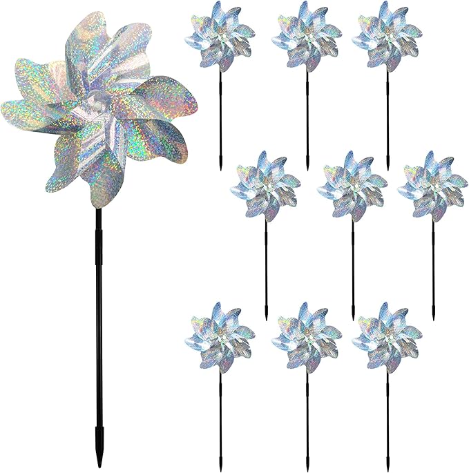Reflective Bird Repellent Pinwheels, 7.1 inches in Diameter,Silver dot 8-Blade Reflective Windmill, Outdoor Bird Deterrent, High Reflective Effect, for Yard, Balcony, Garden, Scare Birds.