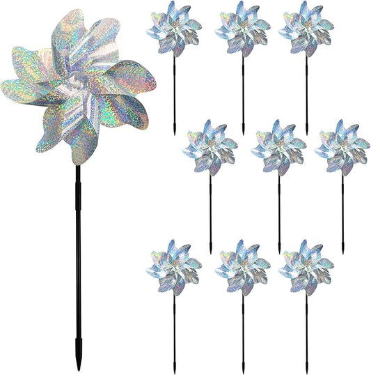 Reflective Bird Repellent Pinwheels, 7.1 inches in Diameter,Silver dot 8-Blade Reflective Windmill, Outdoor Bird Deterrent, High Reflective Effect, for Yard, Balcony, Garden, Scare Birds.