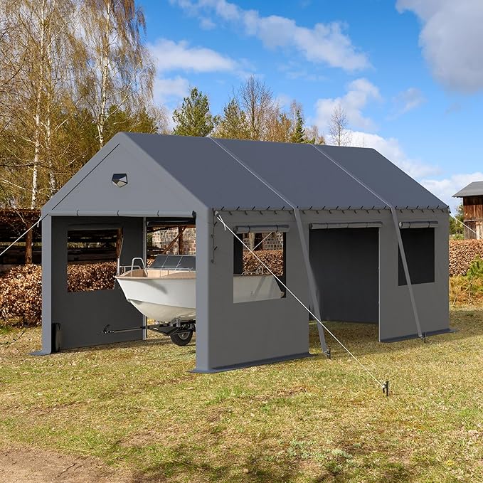 10x20 Carport, Heavy Duty Carport Canopy Garage with Removable Sidewalls and Drive Through Roll Up Zipper Doors & Side Doors, Grey