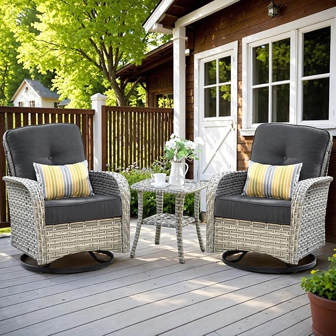 HOOOWOOO Outdoor Patio Bistro Set,3 Pieces Wicker Out Door Swivel Rocking Chair with Matching Side Table,Patio Furniture Sets,Black