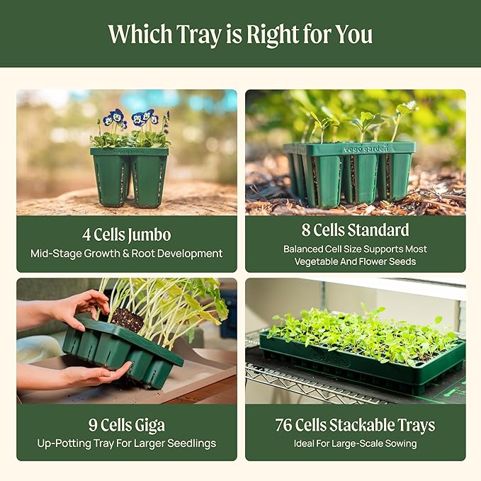 Vego garden Standard Seedling Trays Without Lids, 16 Pack for Seedlings Reusable Propagator Growing Starter Tray, Germination Trays Kit for Greenhouse/Garden (8-Cell per Tray)