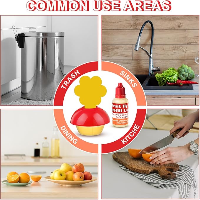 Qualirey Fruit Fly Trap for Indoors, 4 Pack Fruit Fly Trap with 4 Refill Liquid and 60 Yellow Sticky Pads, Safe Near Pets, Food and Kids, with Lure Refill Liquid for Home Kitchen (Red)