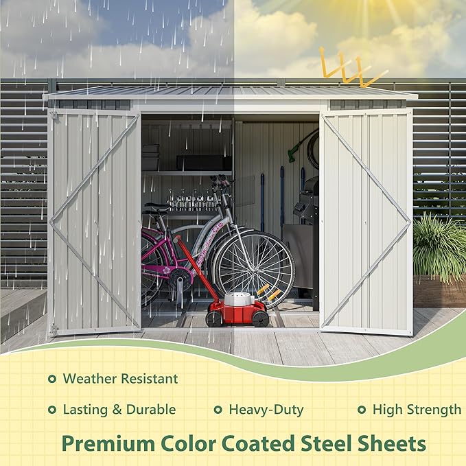 8x6FT Outdoor Storage Shed with Floor & 2 Lockable Doors,Metal Tool House W/ 2 Air Vents & Slpoed Roof,All Weather Waterproof Heavy Duty Stroage Unit for Backyard,Patio,Lawn,Garden,Gray