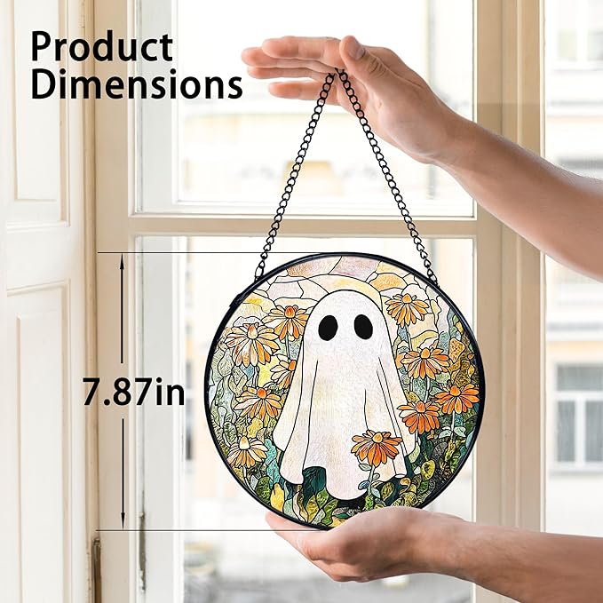 TNUW Halloween Ghost Stained Glass Window Hanging, Ghost Flower Sun Catchers Indoor Window Glass Round Wall Art Decor, Halloween Floral Wall Hanging Decorations, 7.9＂x7.9＂