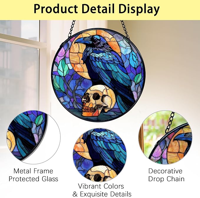 TNUW Black Raven Halloween Stained Glass Window Hanging, Gothic Skull Black Crow Sun Catchers Indoor Window Glass Round Wall Art Decor, Halloween Wall Hanging Decorations, 7.9＂x7.9＂