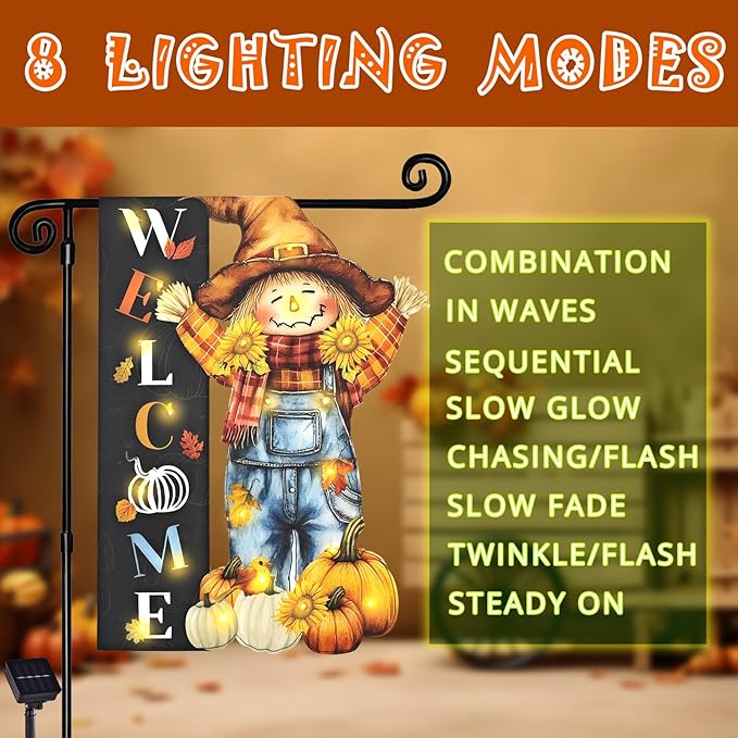 Thanksgiving Lighted Garden Flag, Solar Fall Outdoor Decor Yard Flag,8 Modes 12x18 Double Sided Led Scarecrow Flag Decorations for Home Porch