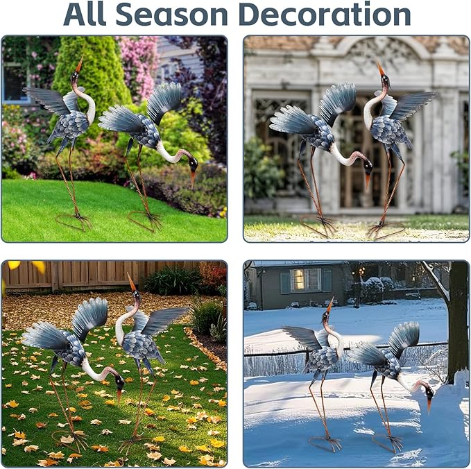 WONDER GARDEN Blue Heron Statue-Garden Statues for Outside - 2 Pack Crane Sculptures Statue, Metal Birds Yard Art for Pond, Patio, Outdoor, Porch Decor