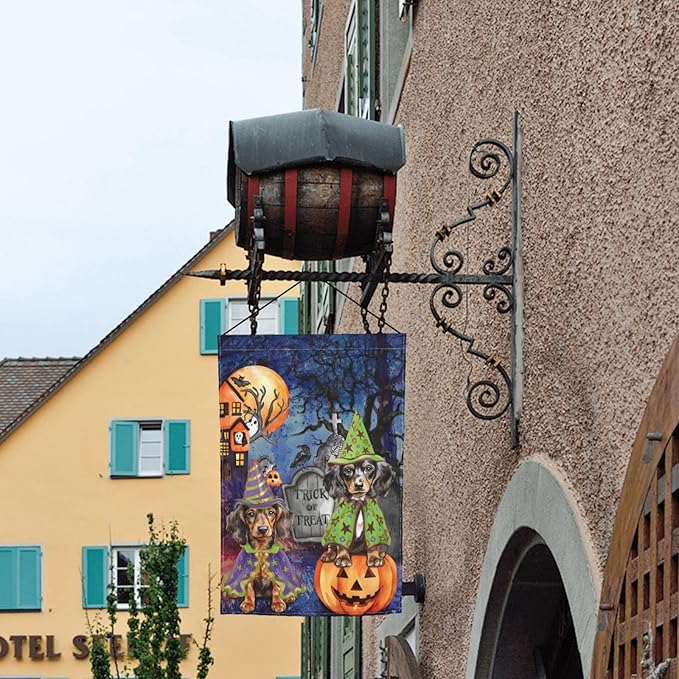 Dachshund Dog Halloween Tombstone Scary Pumpkin Garden Flag Welcome Party Outdoor Outside Decorations Picks Home House Garden Yard Decor 12x18 Inch