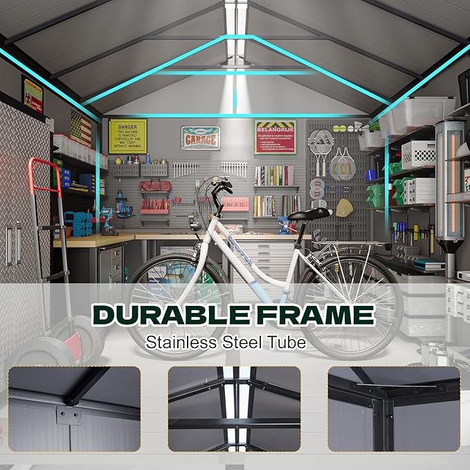 MELLCOM 8 x 6 FT Resin Storage Shed with Floor, Outdoor Garden Tool Shed with Windows and Lockable Door for Patio, Lawnmower, Pool Supply, Bike