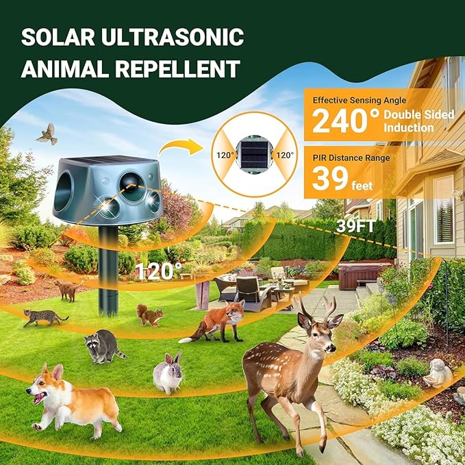 Solar Ultrasonic Animal Repellent, Waterproof Deer Repellent Devices with Motion Detection, 3 Mode, Cat Repellent Outdoor Squirrel Skunk Rabbit Raccoon Dog Mouse Deterrents Repeller for Yard Patio