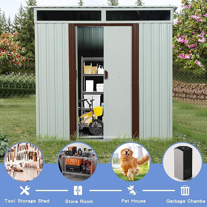6X5 FT Outdoor Storage Shed, Waterproof Metal Garden Sheds with Lockable Door, Steel Tool Storage Buildings Shed & Outdoor Storage House for Garden, Backyard, Patio, Lawn, Trash Cans(White)