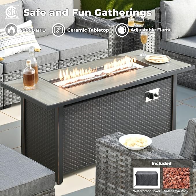 ovios 13 Pieces Patio Furniture Set, Outdoor Wicker Sectional Sofa with 54 Inch Fire Pit Table Comfy Cushions, Modern Modular Deep Seat Rattan Couch Conversation Set, Dark Grey