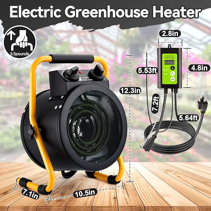 Greenhouse Heater with Digital Thermostat, 1500W Electric Outdoor Heaters for Patio, Fast Heating, Overheat Protection, Dustproof Design for Grow Tent, Green House, Flower Room, BK