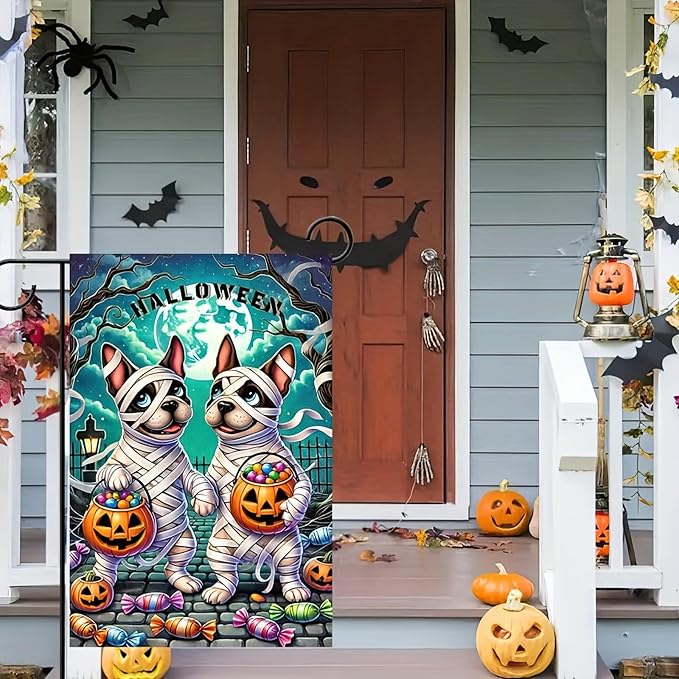 Halloween Mummy Dog Garden Flag 12x18 Inch Double Sided Cute French Bulldog Trick-or-Treat Garden Flag Pumpkin Candy Ghost Dog Flag Banner Holiday Small Halloween Yard Flags