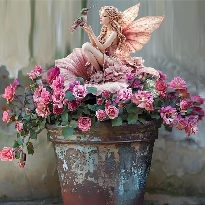 Fairy Garden Stake Decor, 2D Flat Acrylic Fairy Garden Decor Panel, Elf Yard Sign for Outdoor Indoor Yard Lawn Plants Pots, Fairy Garden Accessories (Flowers Fairy and Hummingbird)