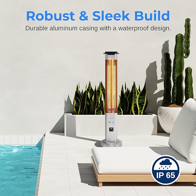 SereneLife Outdoor Electric Patio Heater - 900W Infrared Heater with Remote, Aluminum Reflector, Waterproof Design, IP65 Approved, Quiet Operation, Standing Porch Heater for Patio & Backyard