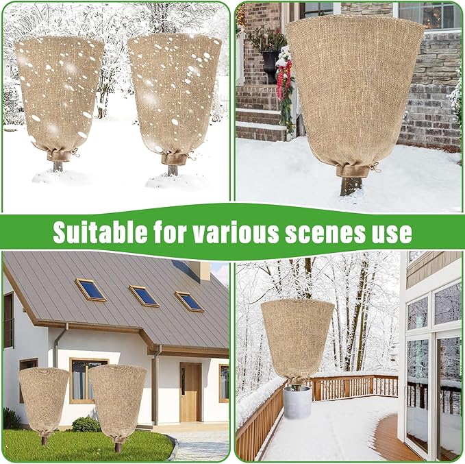 Riare 2 Packs 24 × 40 Inch Burlap Winter Plant Cover Bags with Drawstring- Reusable Large Burlap Sack Plant Frost Protector, Plant Frost Cloth Cold Tree Freeze Blanket for Outdoor Plants Shrubs Fruit