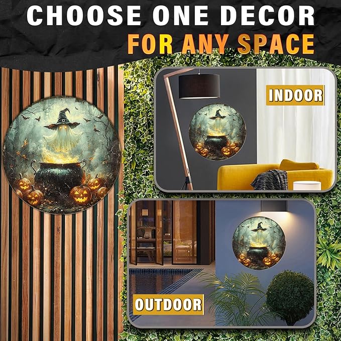 PEACHGARDEN Round Halloween Spooky Ghost With Witch Hat Wreath Vintage Sign Halloween Pumpkin Metal Tin Sign for Home Bar Kitchen Hotel Dining Room Coffee 12x12inch