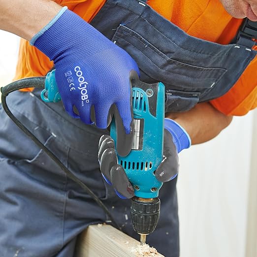 COOLJOB 10 Pairs Nitrile Dipped Safety Work Gloves with Grip, Non-slip Rubber Coated Bulk Garden Gloves for Men, Heavy-duty Oil Resistant for Truck Driver, Warehouse Box Handler, Medium, Red Blue