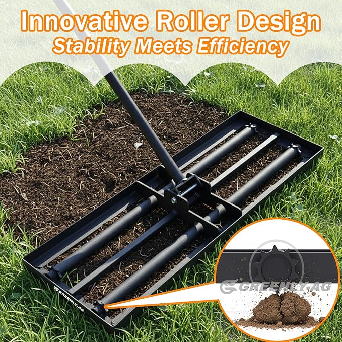 30" Heavy Duty Lawn Leveling Rake, 6.5FT Soil Leveler Tool, with 4 Spiked Wheels & Smooth Roller, Landscaping and Restoration Soil Sand Dirt Surfaces, for Garden Yard Farm Golf Course