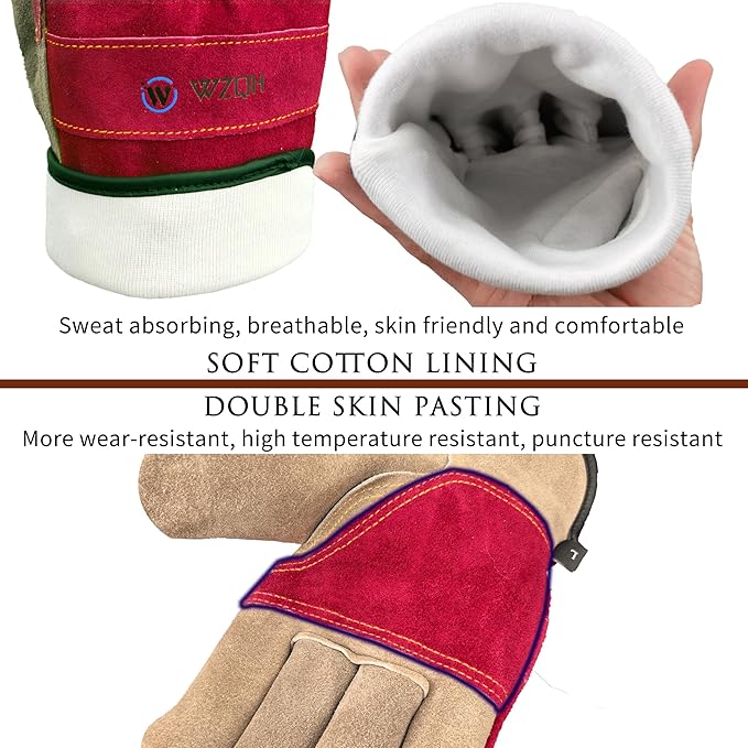 Leather Work Gloves for Women, Large Glove for Gardening, Tig/Mig Welding, Construction, Chainsaw, Farm, Ranch, etc. Cowhide, Cotton Lined, Utility, Firm Grip, Durable. Rose Red - Grey L