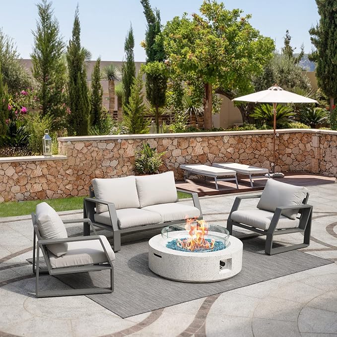 NAGA HABNA 41 Inch Propane Fire Pit Table, Rectangle Outdoor Fire Table w Tank Table (50,000 BTU), 3 Piece Gas Fire Pit w Glass Wind Guard and Blue Fire Glass for Garden, Pool, Backyard