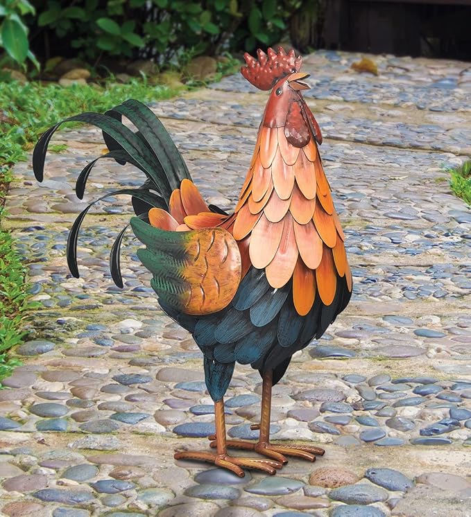 Regal Art & Gift Handcrafted Metal Rooster Statue, Weather-Resistant Farmhouse Yard Art, Indoor/Outdoor Garden Sculpture, Detailed Feather Design, Decorative Bird for Home & Garden, Golden, 16” Height