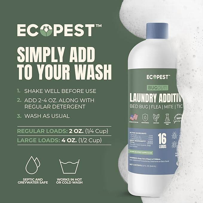 BugOut! Laundry Additive – Natural Detergent Booster for Bed Bug, Mite, Flea, & Tick Treatment & Prevention | Plant-Based Killer, Made with Fabric-Safe Soap | Works in Hot and Cold Wash (1 Gallon)
