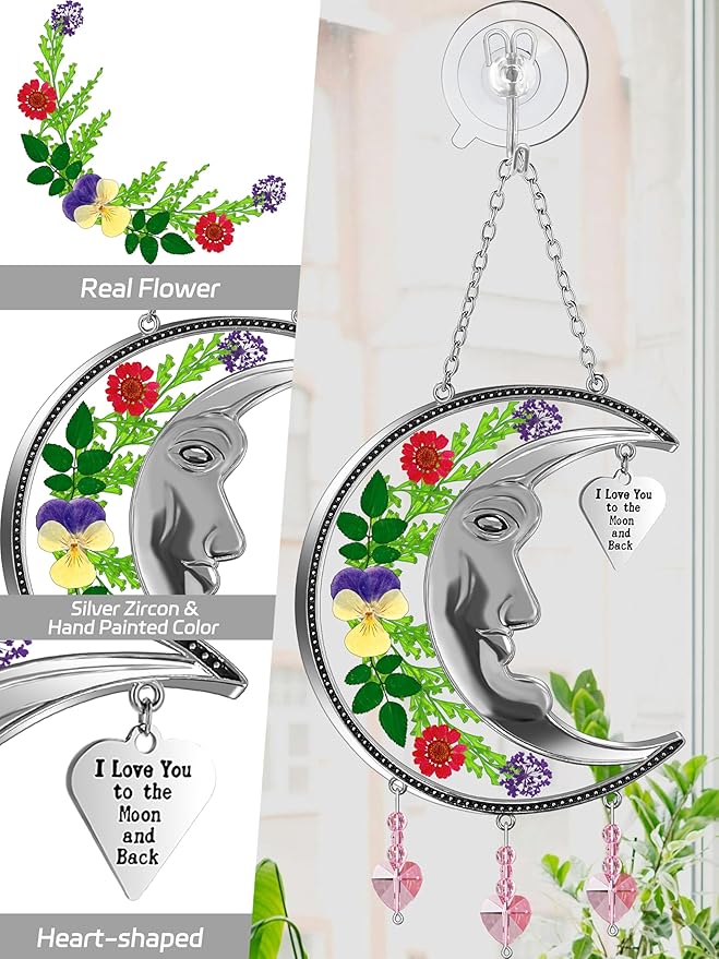 KY&BOSAM Sun Face Moon Suncatcher I Love You to The Moon and Back Stained Glass for Window Hangings Wind Chime Decor with Pressed Real Flower and Metal Charm Gift for Women Mother`s Day Christmas