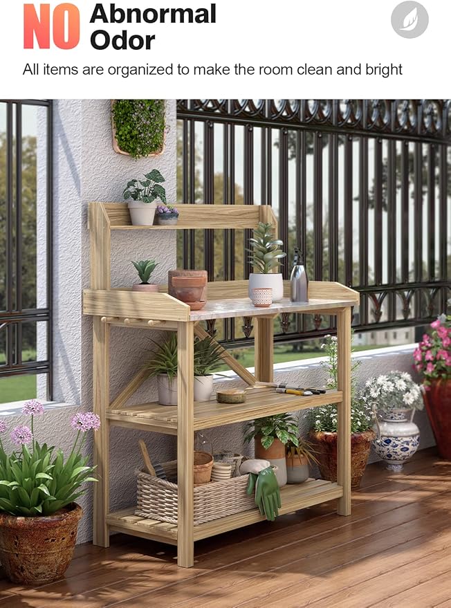 ARNOT Potting Bench, Enhanced 3-Shelf Potting Benches for Outdoors, Wooden Garden Potting Bench Tables W/Metal Tabletop & Cabinet Drawer, 3 Hooks