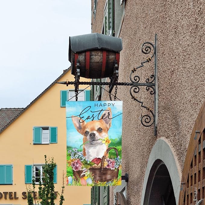 Happy Easter Chihuahua Dog Flowers Eggs Bunny Garden Flag Welcome Party Outdoor Outside Decorations Picks Home House Garden Yard Decor 12x18 Inch