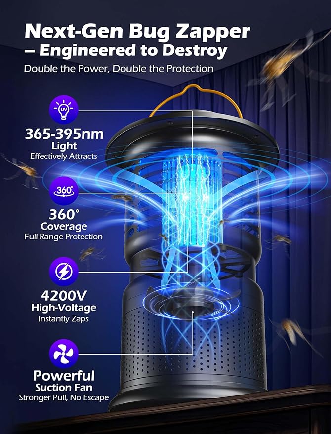 4-in-1 Mosquito Trap & Bug Zapper, Portable Rechargeable Fly Zappers with 10000mAh Battery, Bug Zapper Indoor with Silent Wind Suction, Auto On/Off Zapper Outdoor