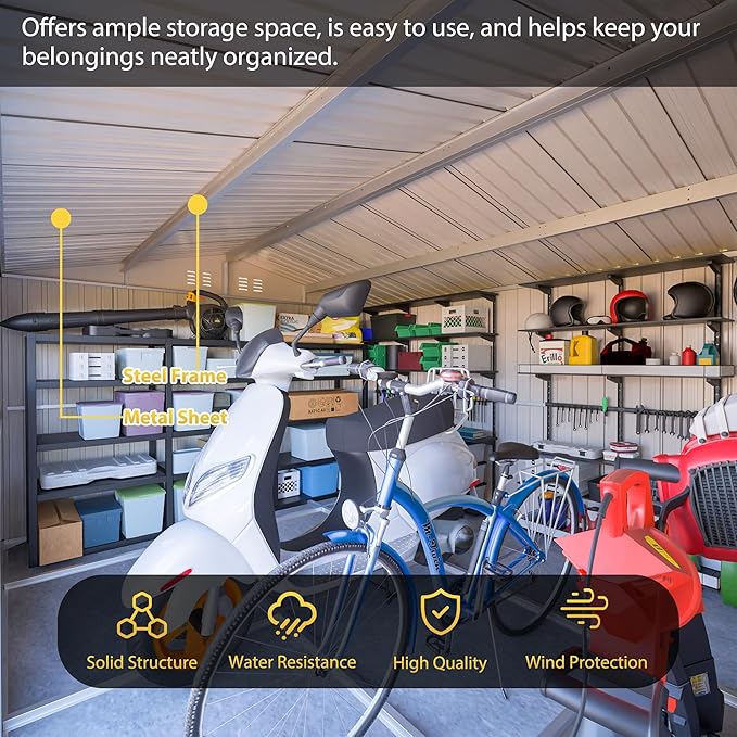 12x10 FT Outdoor Storage Shed with Floor Frame & Window, Heavy Duty Metal Garden Tool Shed with Double Lockable Doors, Waterproof Backyard Utility Shed for Bikes, Lawn Mowers, Tools, Equipment