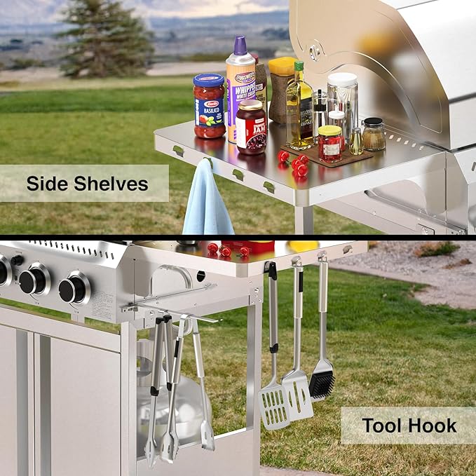 4-Burner Propane Gas Grill with 304 Stainless Steel Cooking Grid, Hanging Hooks/Heat-Resistant Handle, 32000BTU Stainless Steel BBQ Grill with Portable Wheels for Camping/Patio/Backyard