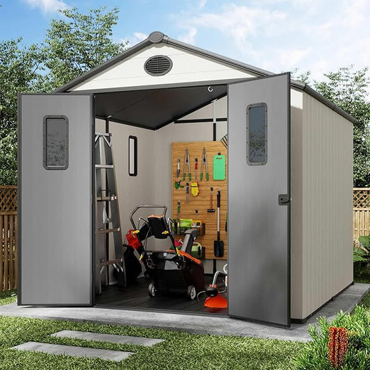 8' x 8' Outdoor Resin Storage Shed with Floor,Galvanized Metal Waterproof Garden Shed with Lockable Door, Windows, Vents, Plastic Tool, Bike Storage for Patio Furniture, Lawn Mower