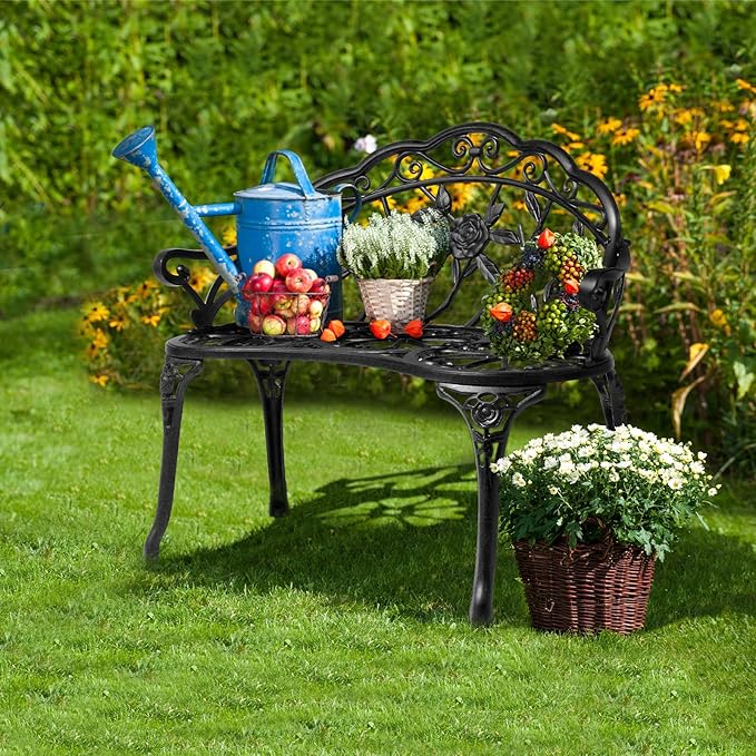 VINGLI 38.5" Patio Park Garden Outdoor Metal Rose Bench,Cast Iron Cast Aluminium Frame Antique Finish Chair,Accented Lawn Front Porch Path Yard Decor Deck Furniture for 2 Person Seat（Black