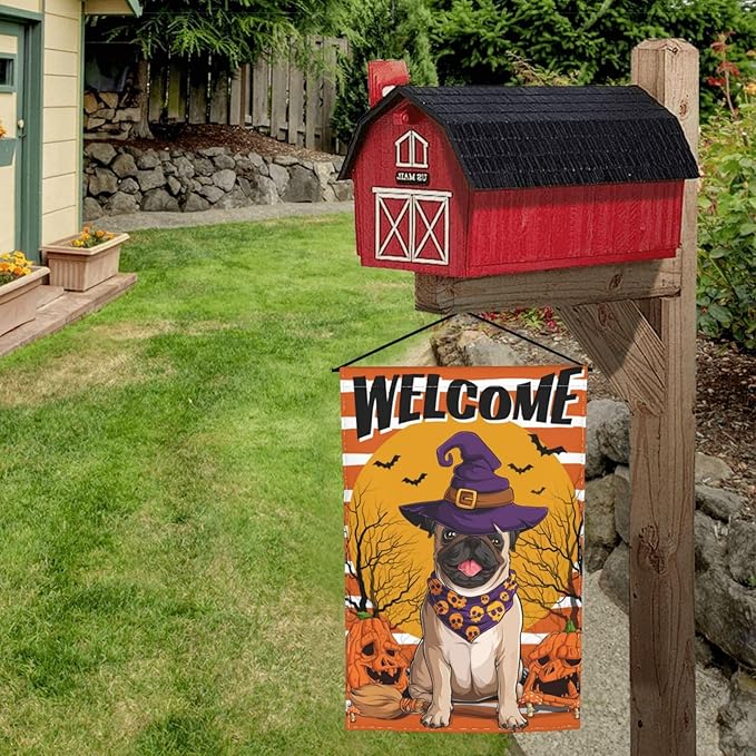 Halloween Pug Dog Pumpkin Bat Skull Garden Flag Welcome Party Outdoor Outside Decorations Picks Home House Garden Yard Decor 12x18 Inch