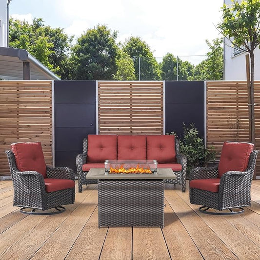 4 Piece Patio Furniture-with 50,000 BTU Gas Propane Fire Pit Table Outdoor Patio Furniture with Swivel Rocker Chairs,Outdoor Couch
