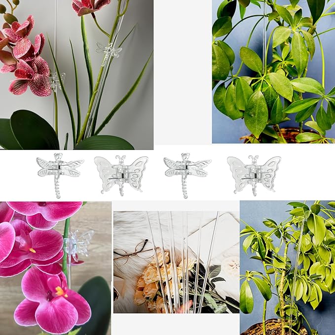 30Pcs Acrylic Plant Stakes Garden Single Stem Plant Support Stakes Clear Orchid Stakes and 30Pcs Clips Plant Support Sticks Clear Dragonfly Orchid Clip for Indoor and Outdoor Plants, Flowers, Tomatoes