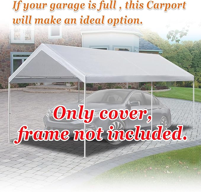 Strong Camel 10'x20' Carport Replacement Canopy Cover for Tent Top Garage Shelter Cover with Ball Bungees (Only Cover, Frame is not Includ (White, 10x20)